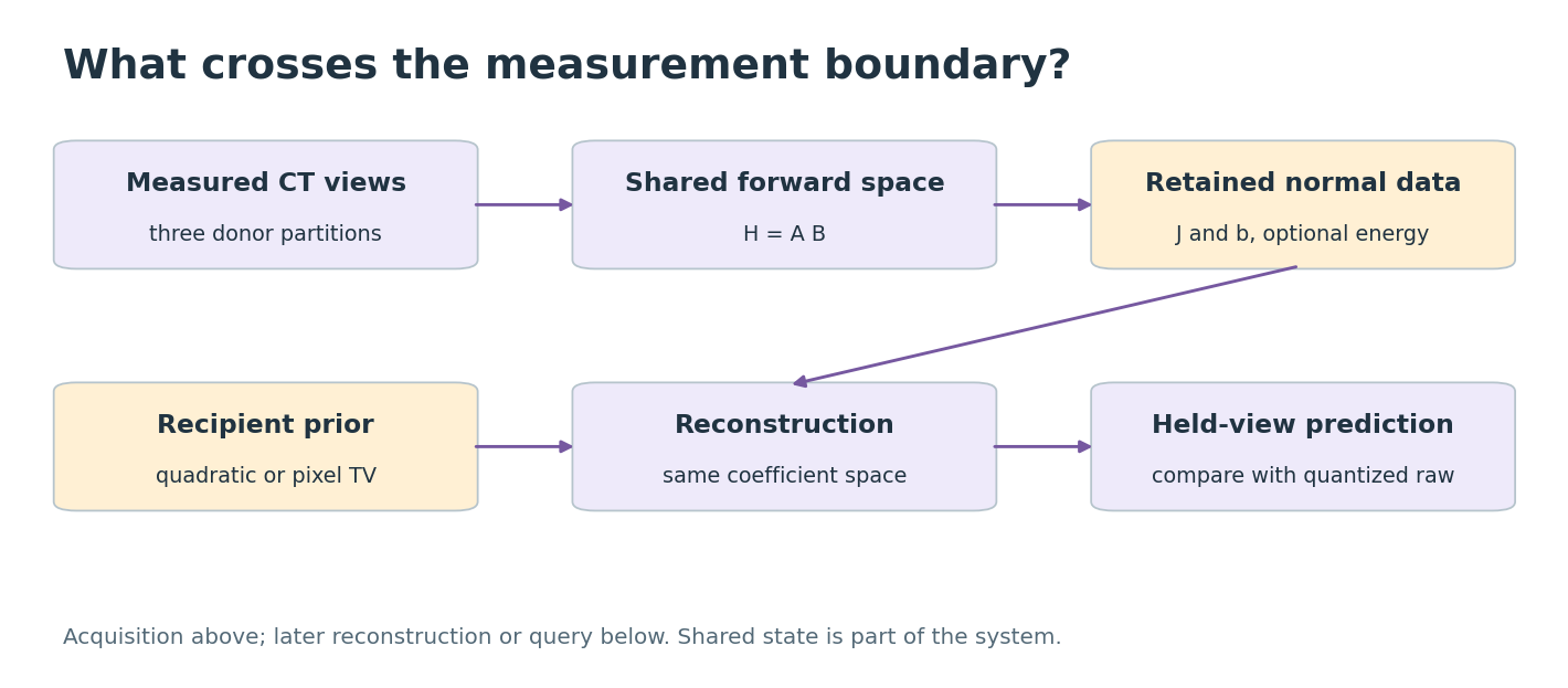 What crosses the measurement boundary?. Boxes distinguish supplied information, fitted components, and the quantity evaluated. Arrows show computation or data dependence, not a newly trained deep network.