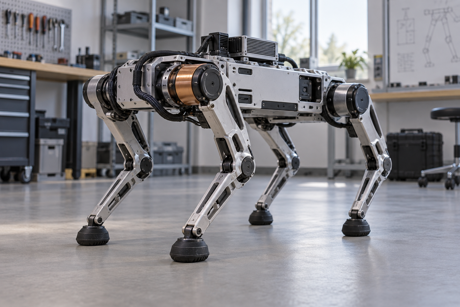 Rendered quadruped research robot with a visible copper actuator