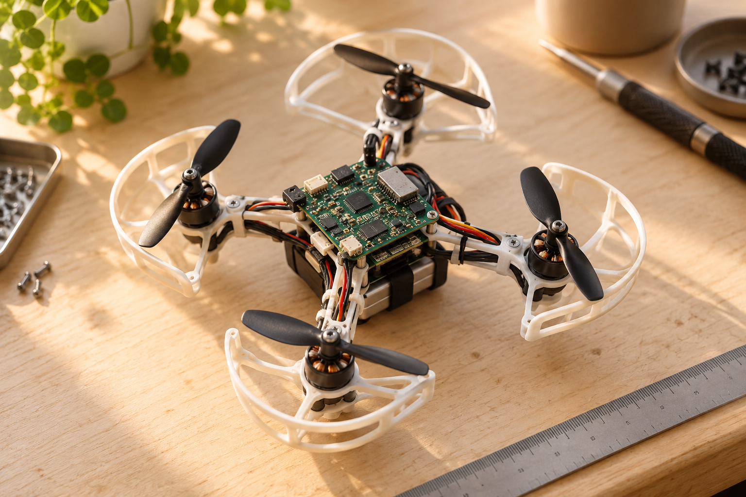 A smaller onboard model — AI-generated editorial nano-drone. Sizes are archived retained-program counts: 24,288 bytes compact versus approximately 24.79 MB for source-plus-adapted neural programs. They are not total process memory. The adapted ensemble was more accurate. The reveal is not a flight replay.