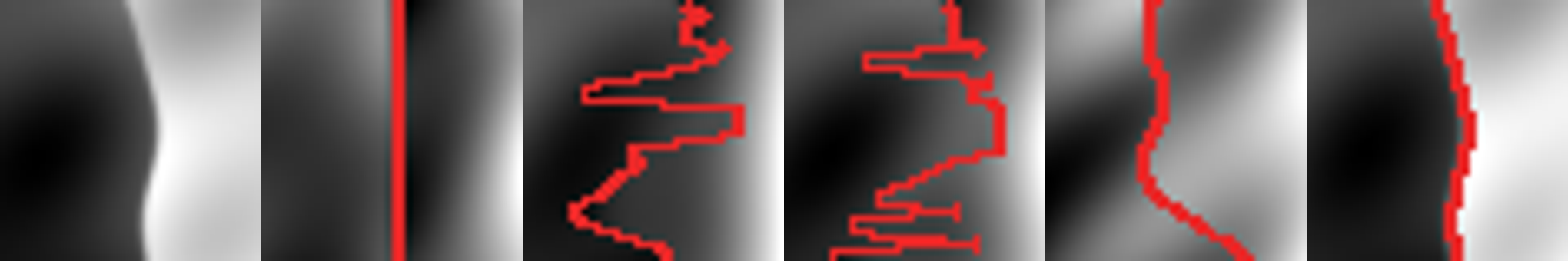 Variable-projection radiance benchmark. Left panel is the target field; subsequent panels show recovered fields for mean geometry, full ES, rank-one control EGGROLL, rank-one spline-subspace EGGROLL, and true-geometry oracle. Red curves mark the recovered boundary.