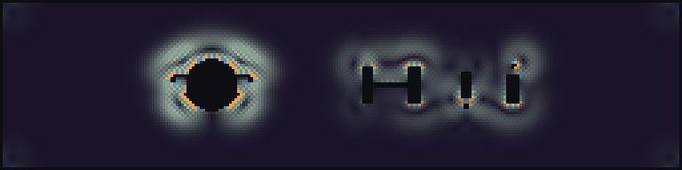 Full exported speed-vorticity rendering sequence from the OSNR multi-obstacle CFD cinema run. Dark regions are hard-clamped obstacle and wall coefficients; color encodes velocity magnitude modulated by signed vorticity. — panel 3: figures/frame_010.png