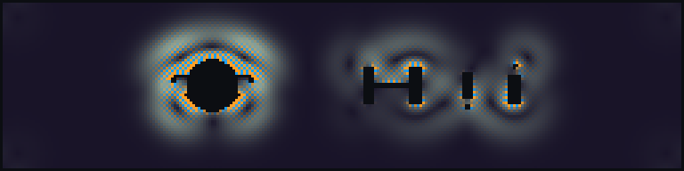 Full exported speed-vorticity rendering sequence from the OSNR multi-obstacle CFD cinema run. Dark regions are hard-clamped obstacle and wall coefficients; color encodes velocity magnitude modulated by signed vorticity. — panel 5: figures/frame_020.png