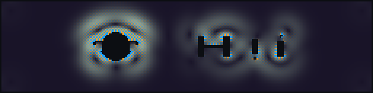 Full exported speed-vorticity rendering sequence from the OSNR multi-obstacle CFD cinema run. Dark regions are hard-clamped obstacle and wall coefficients; color encodes velocity magnitude modulated by signed vorticity. — panel 6: figures/frame_025.png
