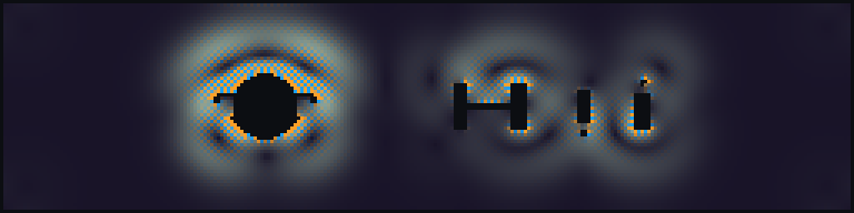 Full exported speed-vorticity rendering sequence from the OSNR multi-obstacle CFD cinema run. Dark regions are hard-clamped obstacle and wall coefficients; color encodes velocity magnitude modulated by signed vorticity. — panel 7: figures/frame_030.png
