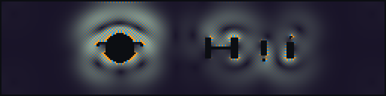 Full exported speed-vorticity rendering sequence from the OSNR multi-obstacle CFD cinema run. Dark regions are hard-clamped obstacle and wall coefficients; color encodes velocity magnitude modulated by signed vorticity. — panel 9: figures/frame_040.png