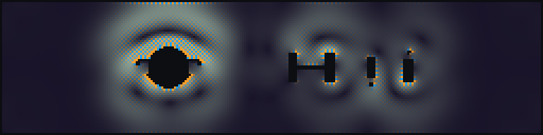 Full exported speed-vorticity rendering sequence from the OSNR multi-obstacle CFD cinema run. Dark regions are hard-clamped obstacle and wall coefficients; color encodes velocity magnitude modulated by signed vorticity. — panel 11: figures/frame_050.png