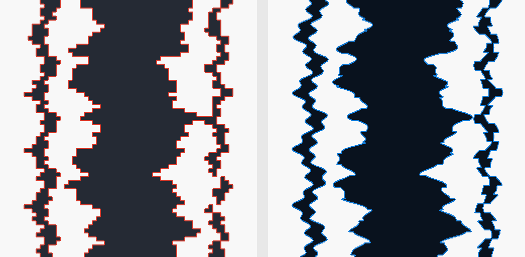 Graphics super-resolution output. Left: block-aliased uniform-grid rendering. Right: OSNR reconstruction after TLS FRI edge localization and sparse knot snapping.