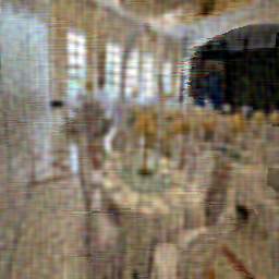 Representative view-zero reconstructions from the DL3DV Pareto sweep, ordered left-to-right and top-to-bottom by retained 3D-DCT support: $100\%$, $50\%$, $25\%$, $10\%$, $5\%$, and $1\%$. The corresponding target view is identical to the target in Table~[tab:dl3dv-stack-frames]. — panel 6: ../apps_industrial_breakthrough/dl3dv_pareto_outputs/profile_001p0pct/frame0_osnr.png